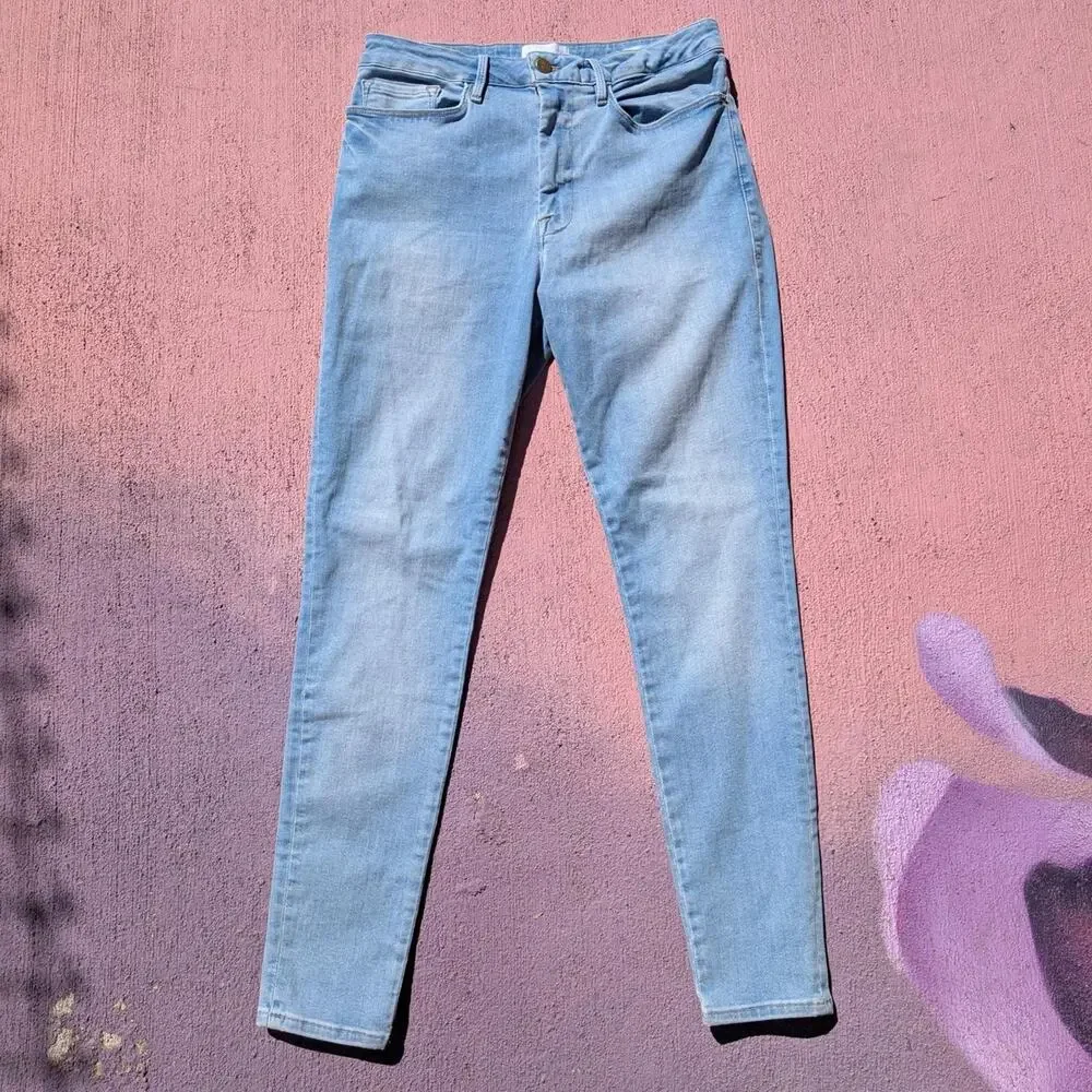 FRAME Le One Skinny Jeans High Rise Caspio Light Wash Adaptive Stretch Size 2
